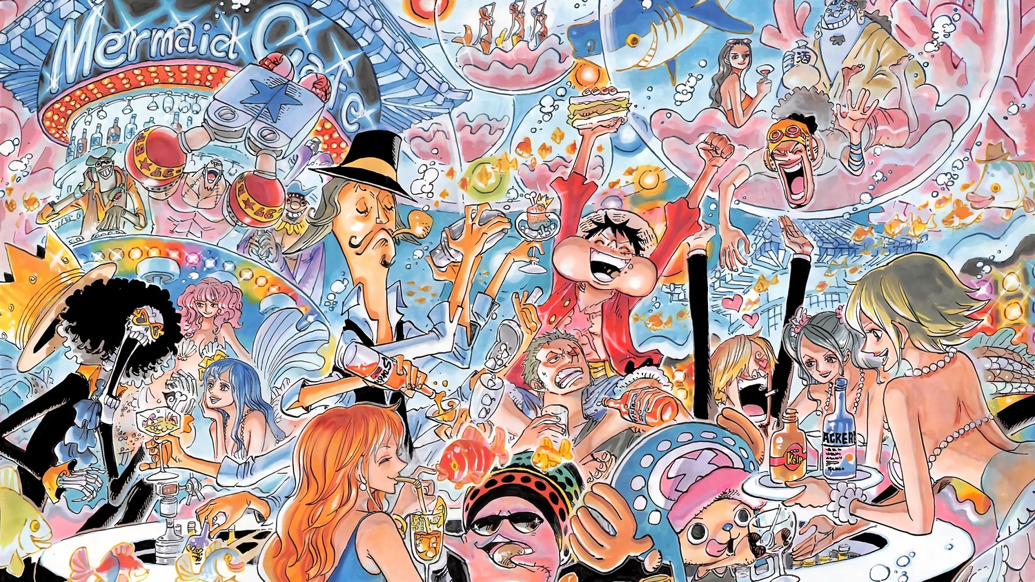 Explore the One Piece Mermaid Cafe Wallpaper Featuring the Straw Hat Pirates