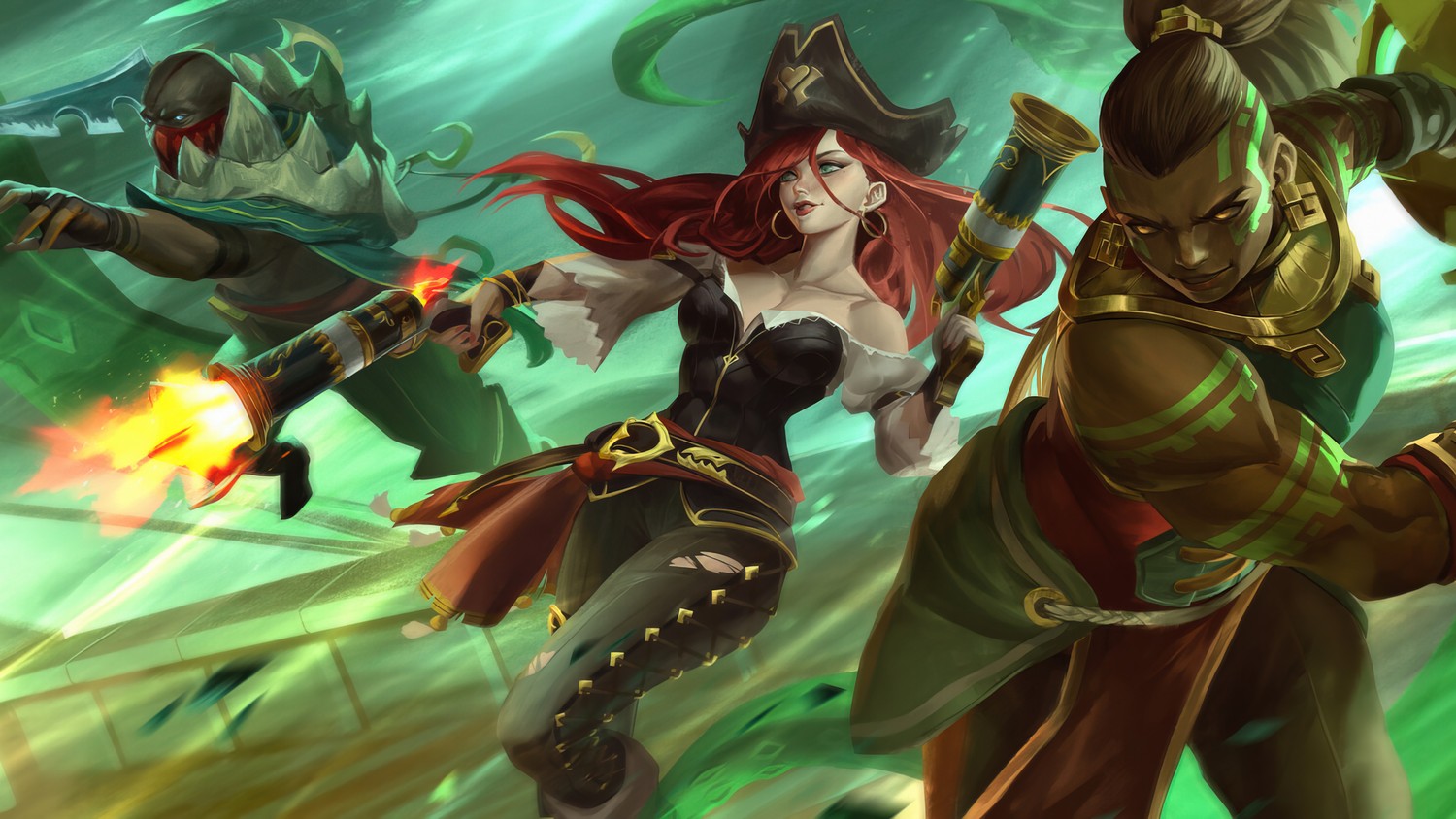 Fondo de pantalla de League of Legends: Miss Fortune, Illaoi y Pyke en acción